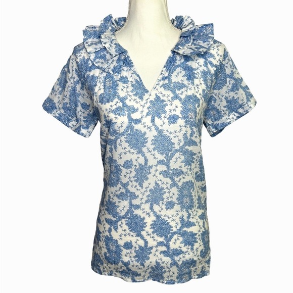 Saule Parc Ruffle Collar Top Size XS Blue Floral Cotton Cottagecore Preppy Chic - Picture 2 of 10